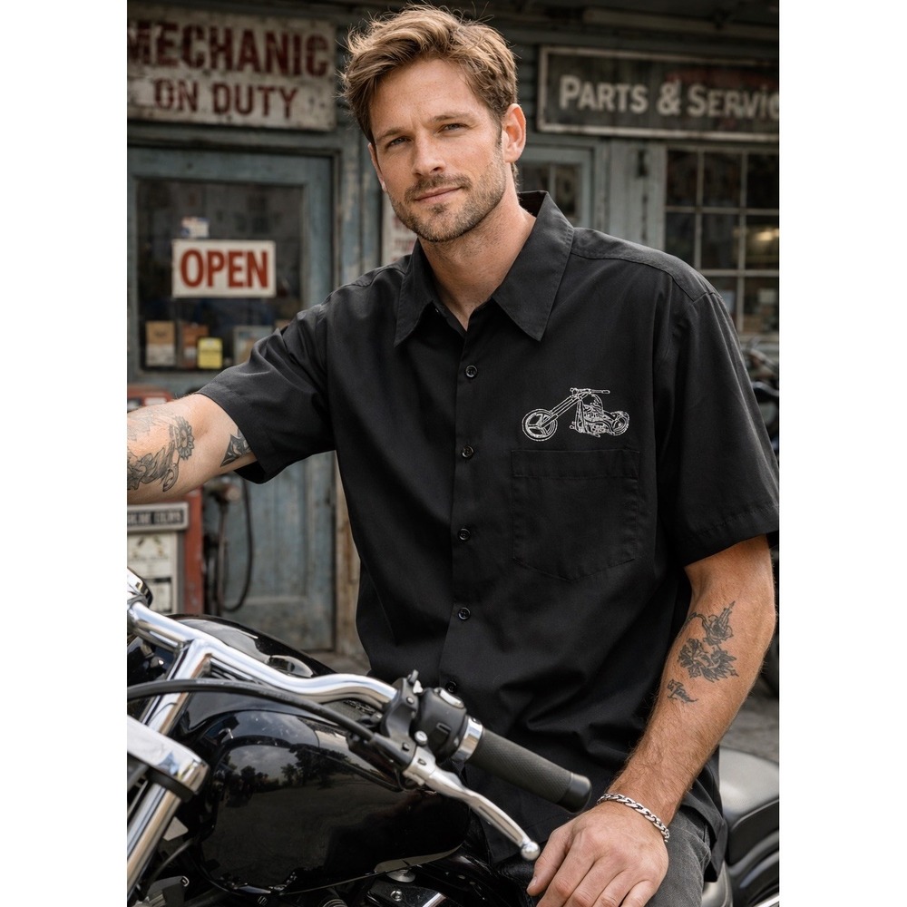Johnny Suede Shirts Mens L Button Up Black Embroidered Motorcycle Biker USA
